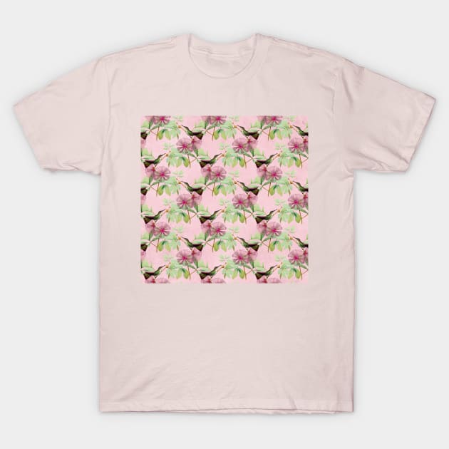 Hummingbirds and Pink Flowers T-Shirt by This and That Designs